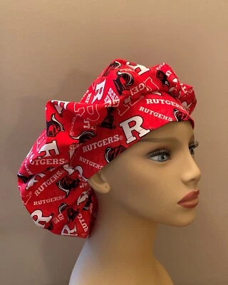 Bouffant or surgical scrub cap hat women made with Rutgers University Fabric - Image 1 of 4