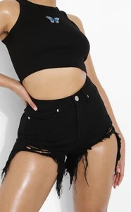 BNWT EXTREME DISTRESSED JEAN SHORTS TRUE BLACK UK 10 - Picture 1 of 5