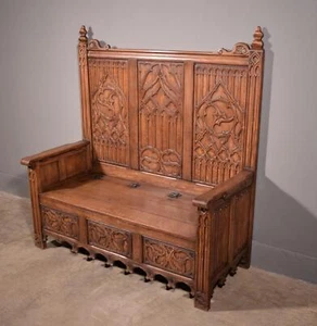Vintage French Gothic Revival Solid Oak Wood Bench/Settee/Chair Highly Carved - Picture 1 of 14