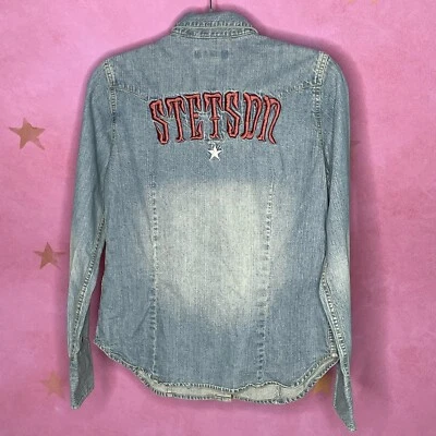 Blusa jeans Stetson feminina bordada ajustada botões perolizados média - Imagem 1 de 4