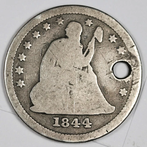 1844-o Liberty Seated Quarter.  Good Detail.  Holed.   181303 Cover