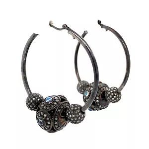 \\4.68ct Diamond Blue Moonstone Oxidized Beads Hoop Earrings 925 Sterling Silver - Picture 1 of 7
