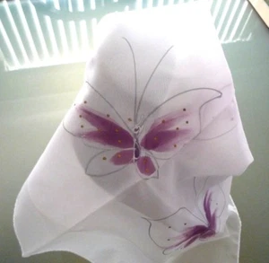 BEAUTIFUL HAND PAINTED SHEER WHITE SCARF-PURPLE BUTTERFLY'S TRIMMED IN SILVER - Picture 1 of 5