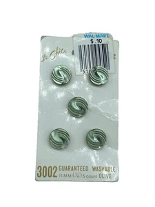 5 Vintage Le Chic Shank Buttons on Original Card Olive Green Pearlescent 7/16" - Picture 1 of 6