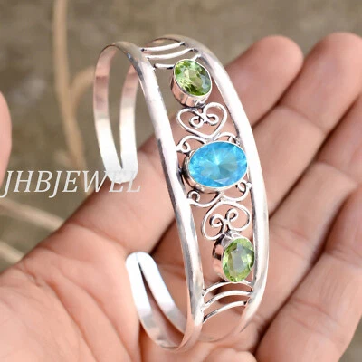 Faceted Peridot & Blue Topaz Gemstone 925 Sterling Silver Bangle Cuff For Love - Image 1 of 4