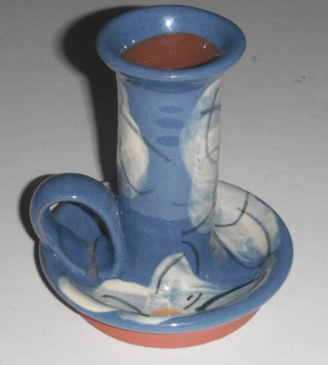 BLUE STUDIO POTTERY CHAMBERSTICK WHITE HANDPAINTED FLOWERS TWO SEAL MARKS - Image 1 of 4