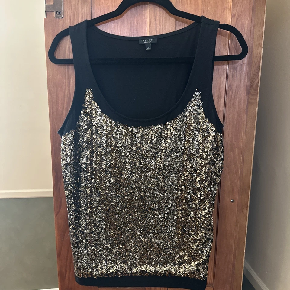 Vintage Y2K Talbots Gold Sequin Bling Tank Top Sz L Goth Chic Emo Whimsigoth  - Image 1 of 4