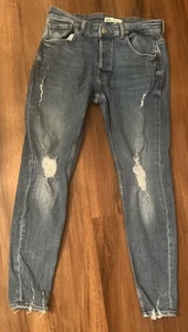 Zara Mens Jeans 32X30 Denim Blue Button Fly Mid Rise Faded Ripped Distressed - Picture 1 of 10