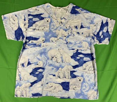 Large Polar Bear Family on iceberg Themed Blue & White Peaches Scrub Top - Image 1 of 4
