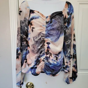 Boston Proper Ruched Off The Shoulder Blue Cream Watercolor Paisley Blouse Med - Picture 1 of 9