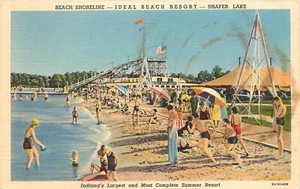 Linen Postcard Beach shoreline Ideal Beach Resort Shafer Lake IN Amusement Park - Picture 1 of 2