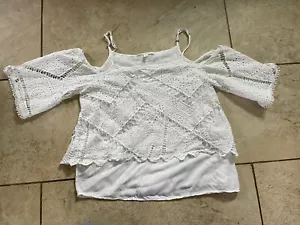 Flowers of Romance Shirt Damen klein weiß Häkelbluse Cold Shoulder Top - Bild 1 von 6