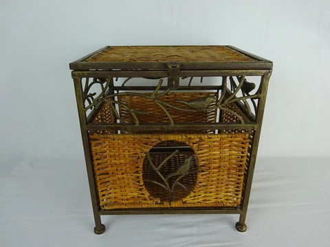 Woven Wicker Rattan & Iron Small Storage Chest Trunk ~ Bird Design ~ Footed Cover