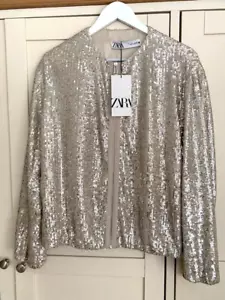 ZARA Sparkly SEQUIN RELAXED BOMBER JACKET Size L RRP £100 Silver Beige BNWT - Picture 1 of 18