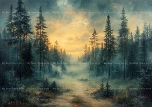 IMPRESIÓN DE ARTE DE PAISAJE FORESTAL, decoración del bosque del lago, póster de naturaleza de árboles de montaña - Imagen 1 de 2