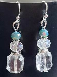 Crystal Earrings. Silver and Opalescent Aqua Blue. Laguna Beach Boutique. - Picture 1 of 4