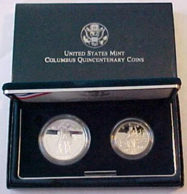 1992-D Columbus 2 Pc Proof Silver Dollar And Clad Half Dollar W/Box And Papers - Image 1 of 4