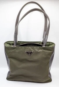 PRADA Nylon Leather Hand Tote Bag Khaki Logo Authentic from Japan - Picture 1 of 17
