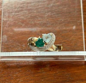 10k Yellow Gold Simulated Heart Shaped Aquamarine Emerald 'Love You' Ring Sz - Picture 1 of 10