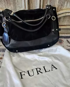 FURLA Black Suede Leather Satchel Handles Fabric Lining Pristine - Picture 1 of 14