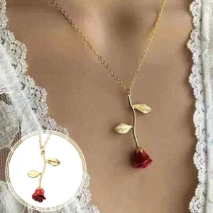 Crystal Rose Red Red Pendant Flower Fashion Rose Women Rhinestone Chain Necklace - Picture 1 of 13
