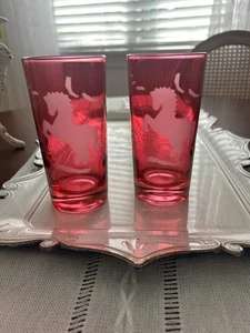 2~Vintage Federal~Cranberry Glass Etched Tumbler Glasses~Ponies~Sweet - Picture 1 of 6