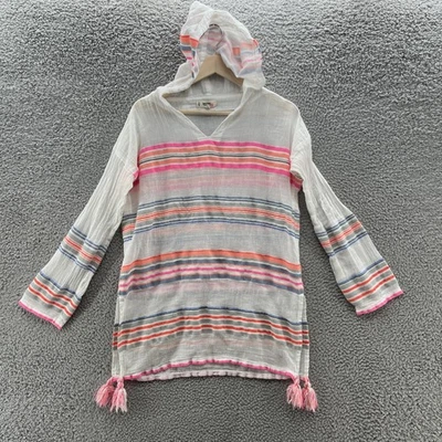 Camisa con Capucha Lemlem Para Mujer Pequeña Blanca Rayas Borla Cubrir Algodón Etiopía Foto 1 de 4