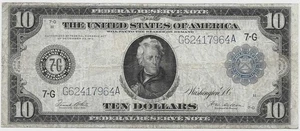 1914 JACKSON TEN DOLLARS HORSE BLANKET BANK OF CHICAGO LARGE SIZE U.S. MINT NOTE - Picture 1 of 2