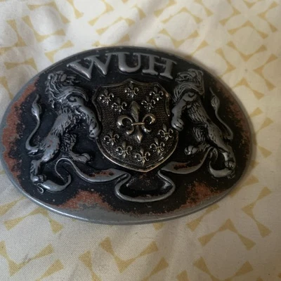 WASHED UP HOLLYWOOD 1.75” LIONS FLEUR HERALDIC OLD SILVER #065VS WUH BELT BUCKLE - Image 1 of 3