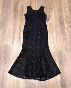 Alexa B Nites Dress Size 12 Black Lace Floral Maxi Sheer Evening Prom Sequin NEW - Picture 1 of 14