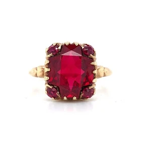 Antique 14K Yellow Gold Red Synthetic Center Solitaire Ring Size 7.5 - Picture 1 of 11