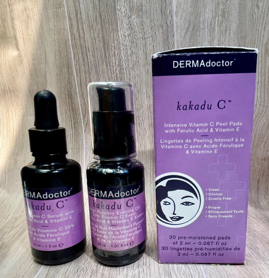 Lot Of 3 Dermadoctor Kakadu C Serum, Evening Oil And Peeling Pads - Image 1 of 4