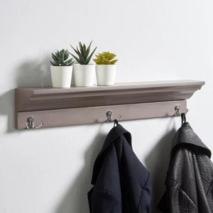 Wall Mounted Coat Rack Grey Wooden 3 Hooks Hallway Hanging Storage Shelf - Picture 1 of 4
