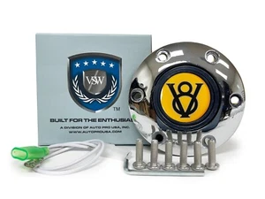 Botón de bocina de 6 pernos con anillo de ajuste cromado, herrajes y emblema amarillo Hot Rod V8 - Imagen 1 de 6