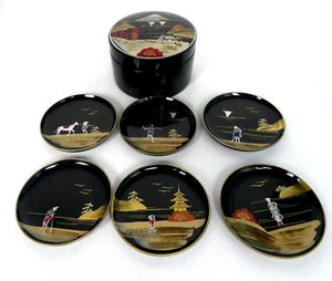 VTG Mid Century Japanese Laquerware Set of 6 Coasters & Box Black, Red & Gold - Picture 1 of 6