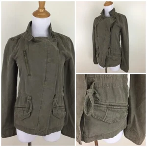 LUCKY BRAND Womens sz XS Khaki Green Zip Pockets Asymmetric Button Denim Jacket - Picture 1 of 12