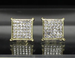 Mens Medium Flat Screen Icy CZ Earrings Square 10mm Studs 14k Gold Plated - Picture 1 of 6