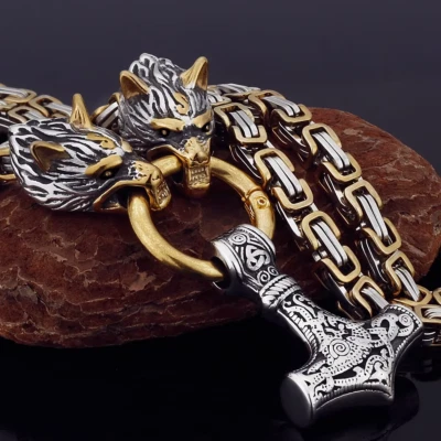 Men's Titanium Norse Viking Twin Wolf W/Thor's Hammer 2-Tone Pendant Necklace - Image 1 of 4