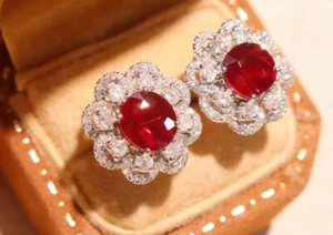 Very exquisite Natural Ruby 1.05 ct & Diamond white gold earrings - Picture 1 of 4