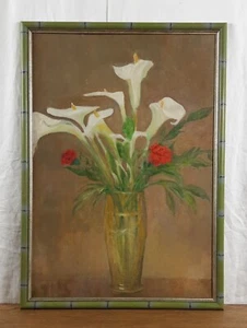 Pintura ramo de callas y claveles, flores en florero de vidrio al óleo, original - Imagen 1 de 10