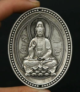 2.6" Chinese Miao Silver Buddhism Kwan-yin Guan Yin Boddhisattva Amulet Pendant - Picture 1 of 10