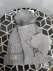 Calvin Klein Women's Faux Fur Pom Pom Hat and Flip-Top Gloves 2 Piece Set - Grey - Picture 1 of 3