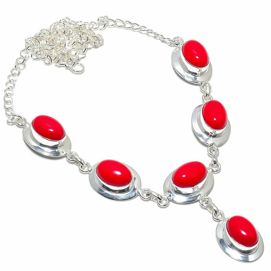 Colares de joias de prata esterlina 925 feitos à mão com pedra preciosa de coral vermelho italiano tamanho 18" - Imagem 1 de 1