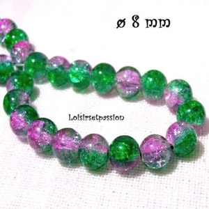 PV01 - Lot de 30 PERLES RONDES en VERRE ** 8 mm ** CRAQUELÉ ROSE VERT - Picture 1 of 1