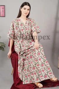 Trendy Handblock Print Cotton Kaftan, Elegant White & Pink Floral Long Caftan - Picture 1 of 6