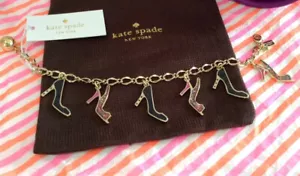 RARE NEW KATE SPADE NEW PKG SHOES CHARM BRACELET BLACK GLITTER PINK CHAIN LINK - Picture 1 of 7