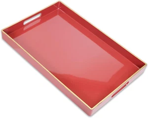 Red Decorative Coffee Table Tray, Rectangular Plastic Serving Tray with Handles - Picture 1 of 12