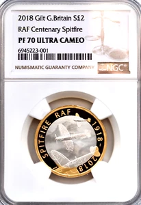 2018 Silber/Vergoldet PP £2 Spitfire RAF NGC PF70 Two Pound Royal Air Force Mint - Bild 1 von 3