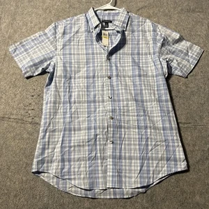 Van Heusen Non Iron Short Sleeve Button Up Shirt Mens M 15-15.5 NWT Blue Plaid - Picture 1 of 6