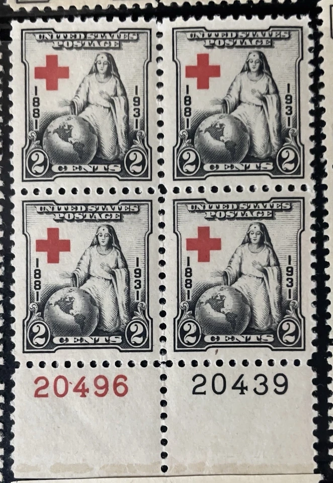 Scott 702, 2c Red Cross, Plate block/4, Bottom #s20496(R)/20439(B) MNH Free Ship - Image 1 of 1
